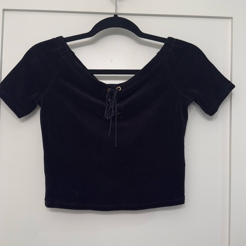 Black, velour, off-the-shoulder crop top with front tie detail